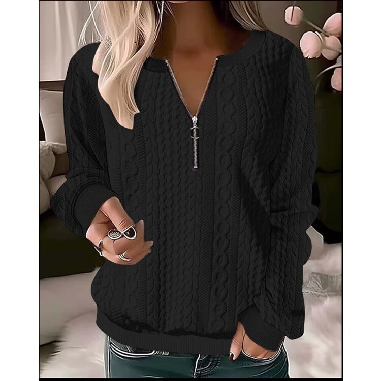 2025 Autumn Winter New Women's Long Sleeve Solid Color V-neck Zipper T-shirt Top