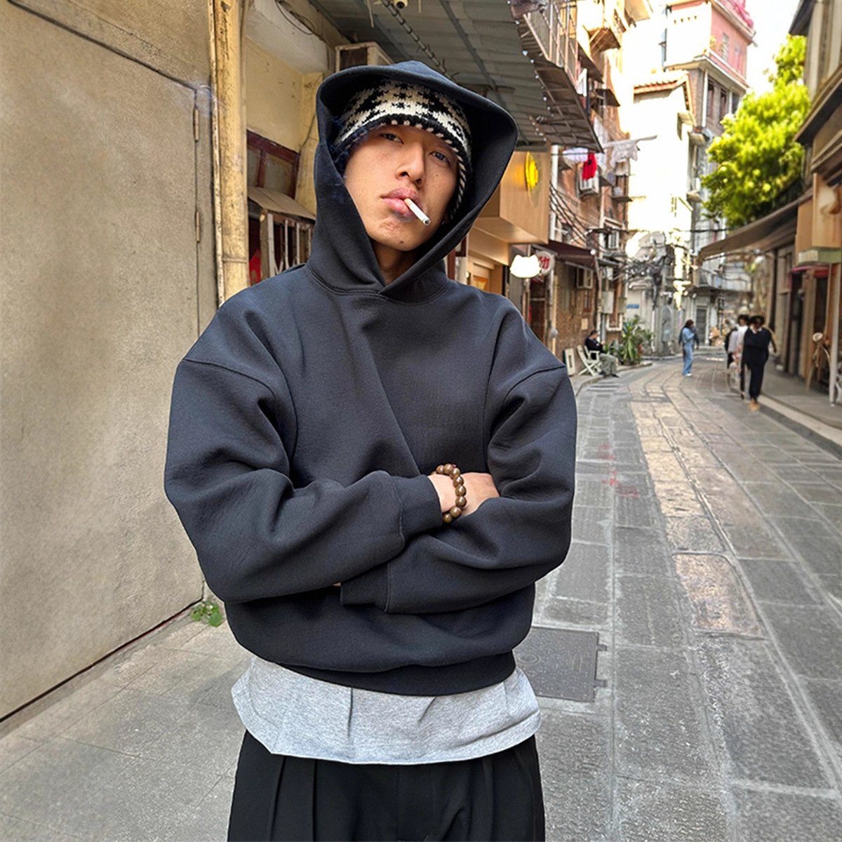 Dark Gray Short Boxy Sweatshirt For Men, Spring And Designer Hoodie Jacket Tracksuit Men Polo Veste Coat Autumn Youth Stiff Hoodie, American Retro Hea