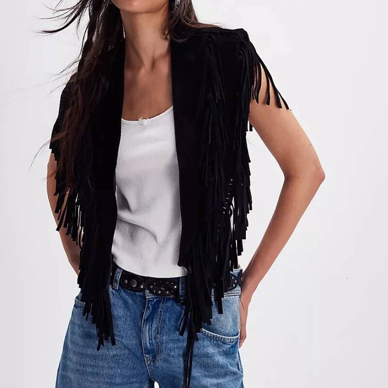 Women Tassel Vest Y2K Sleeveless Fringe Wide Eyes Suede Collar Shawl Open Front Boho Western Jacket Cardigan dongdumaoyi