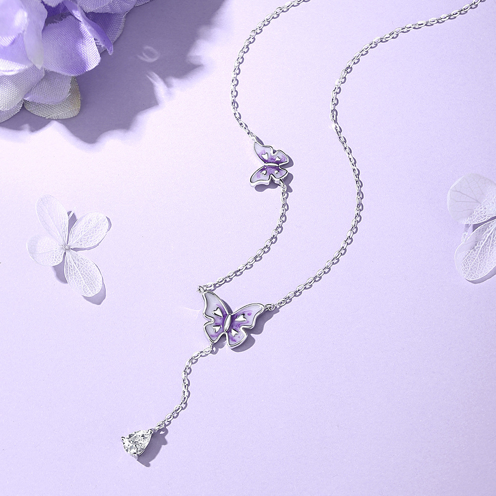 TaiYang New S925 Sterling Silver Fluorescent Butterfly Necklace, Blue-Purple Glow Fringe Pendant with Ethereal Fairy Core Aesthetic