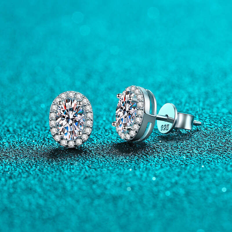 DHCollections-- Sterling Sier for Women, PT950 Plated, Petite Egg-Shaped Inlaid Moissanite Stud Earrings