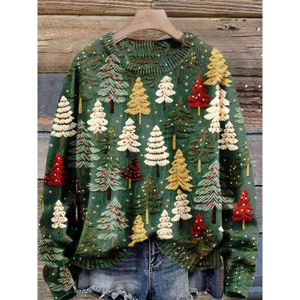 Autumn And Winter New Casual Pullover Long-Sleeve Women's Shirt Christmas Tree Pattern Flat Digital Printing Fashion Wom