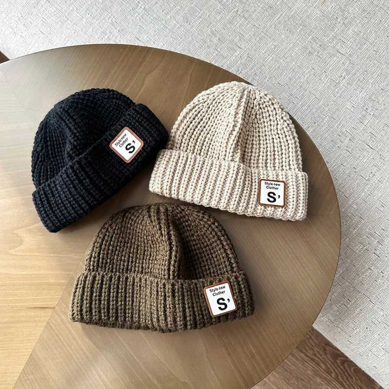 Letter S Baby Beanie Cap Winter Warm Wool Knitted Hat for Toddler Boy Girl Korean Solid Color Kids Brimless HatsL251024