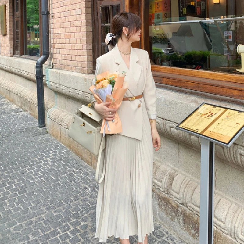 Women Blazer Dress Autumn Korean Fashion Suit Spliced Pleated Long Dress Elegant Women Stylish Outfit OL Vintage Dress 251020