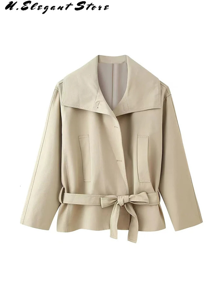 Vintage Khaki Solid Trench Jacket For Women Lapel Full Sleeve Casual Coat With Belt Lady Autumn Winter Streetwears 251021