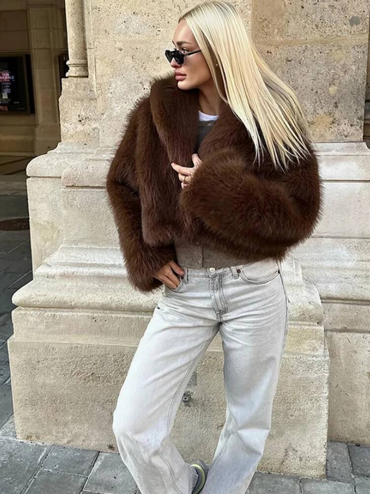 Women's Retro Warm Faux Fur Jacket Thicken Lapel Long Sleeve Hidden Button Casual Loose Soft Crop Outwear Winter Chic Coat dongdumaoyi
