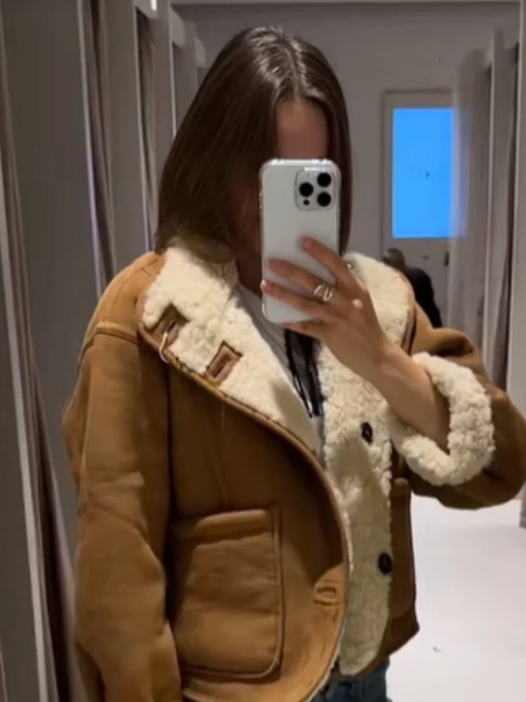 Lamb Wool Cropped Lapel Jackets Women Casual Singlebreasted Loose Warm Stand Collar Coats Commute Office Lady Outerwears 251021
