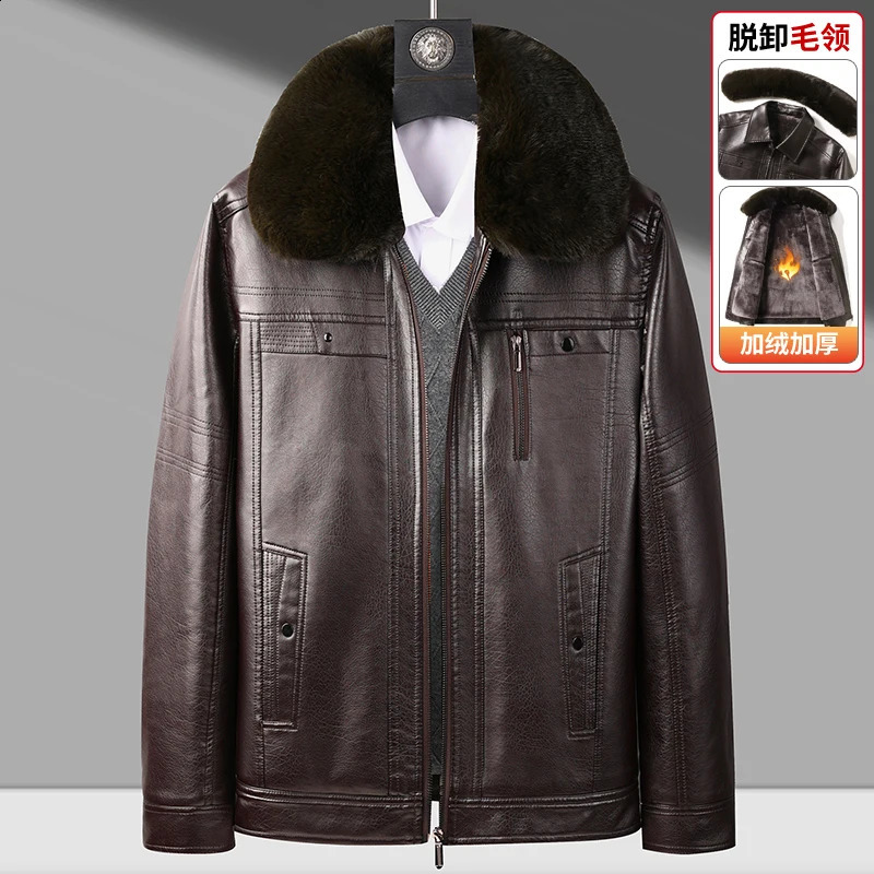 Middleaged and Elderly Mens Leather Jacket with Fleece Lining Thickened Winter Coat for Dad Fur Collar Elderly Mens Wi 251023