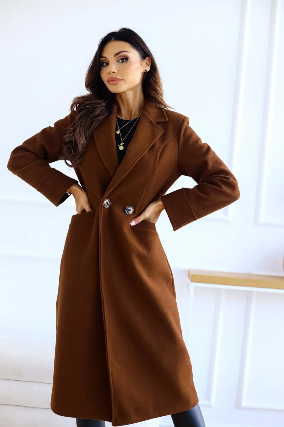Plus Size Womens Woolen Coat Long Sleeve Notch Collar Button up Autumn Winter Simple Double Breasted Jacket Large 251018