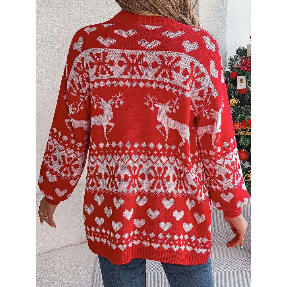 2025 Autumn Print Christmas Sweater Winter Women Casual Cardigan Lady Loose Long Sleeve Knitted Coat Outwears