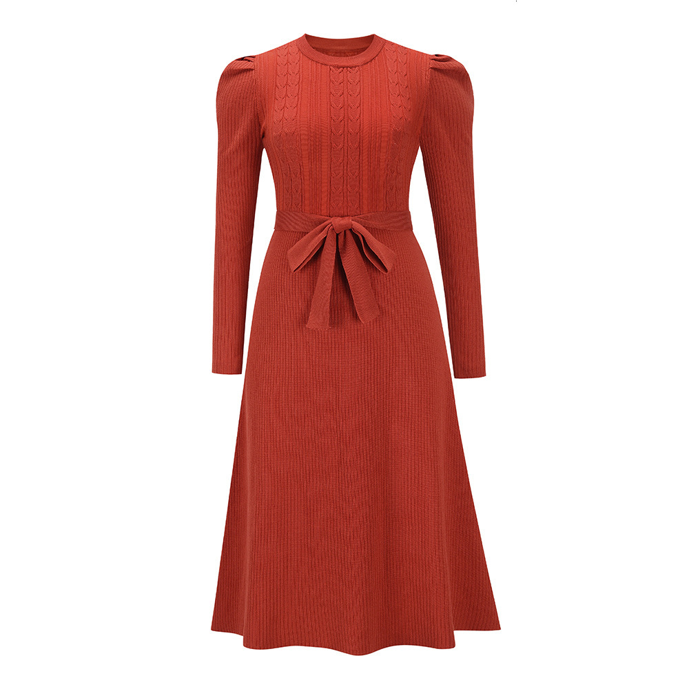 Autumn and winter new bubble long sleeved knitted dress, mid to long, elegant and slim fit designer, high waisted flared dress, base sweater dress