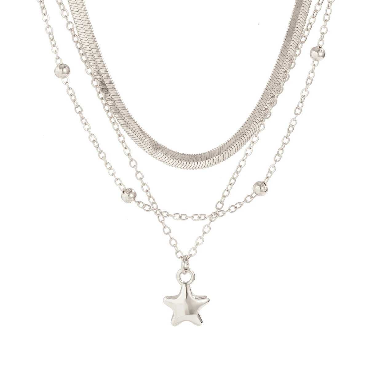 KunJoe 3pcsset Punk Silver Color Copper Bead Flat Snake Chain Necklace for Women Vintage Star Pendant Necklace SetXJ251024
