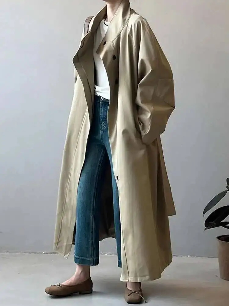 LANMREM Office Lady Belt Gathered Waist Trench For Women Stand Neck Single Breasted Fashion Windbreaker Autumn 26C490 251021