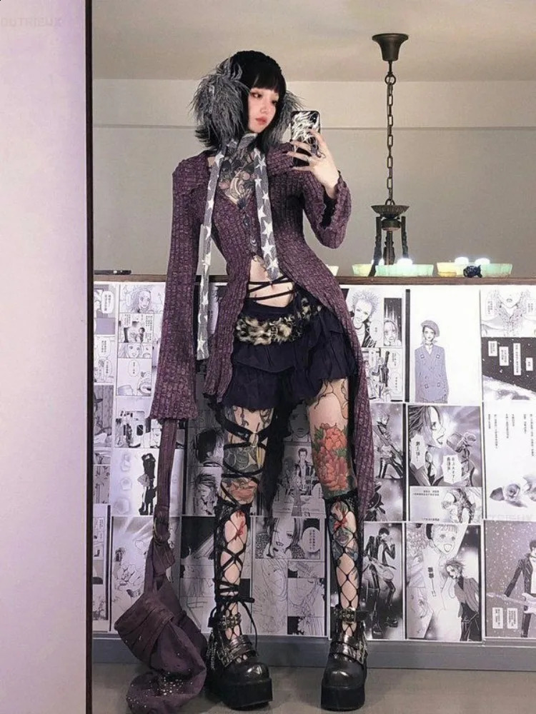 Vintage Street Print Turtleneck Sweaters Mujer Y2k Slim Fit Zipper Knitted Tops Women Spring Aurumn Long Sleeve Cardigan 251023