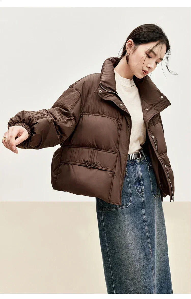 SENTUBILA Womens Cropped Down Coat Winter Warm Puffer Jacket 90 White Duck Down Stand Neck Solid Outerwear W44Y56273 251023