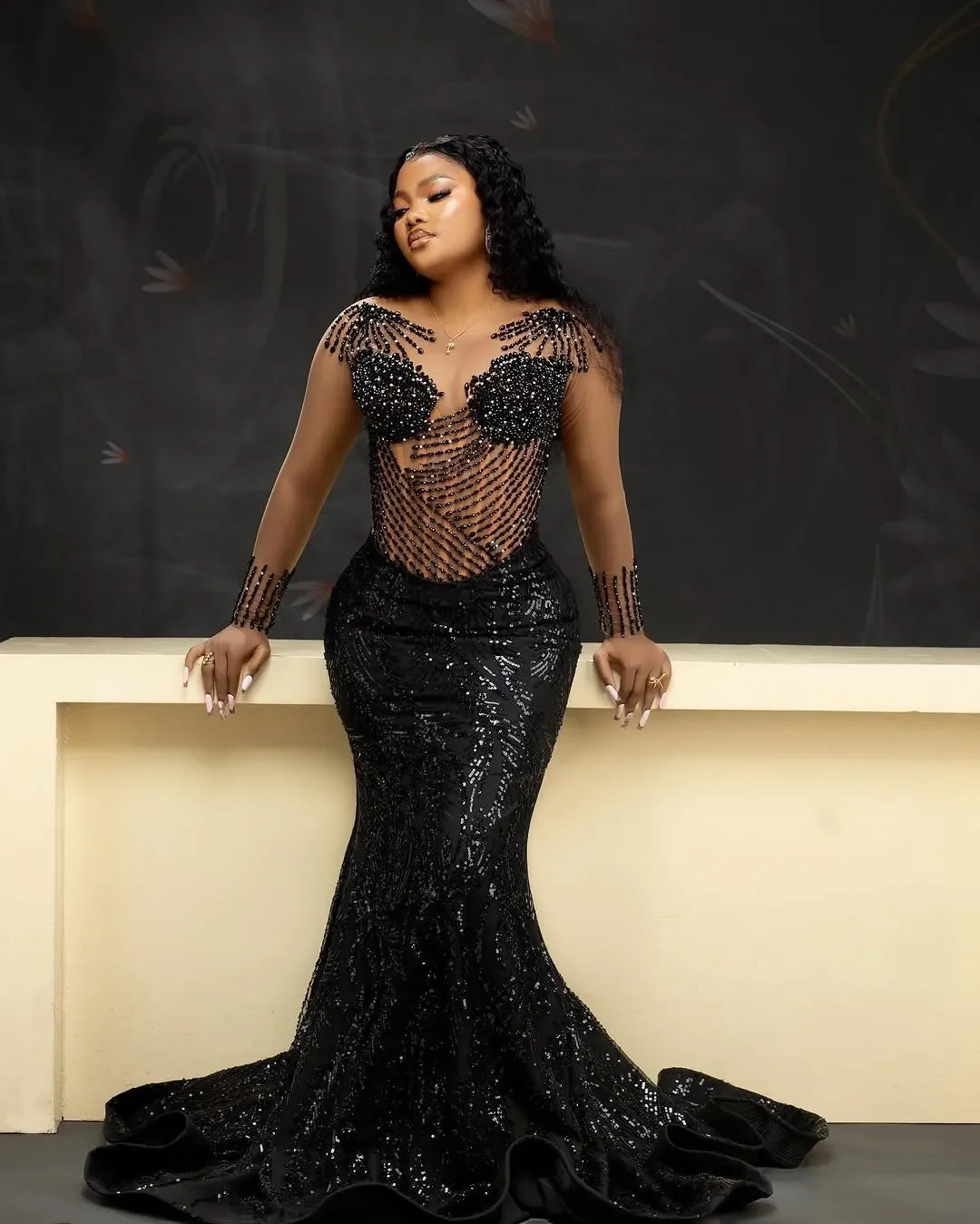 Sexy Black Illusion Mermaid Prom Dresses Beaded Rhinestones Full Sleeves Evening Formal Party Birthday Gowns Dress Customized 251023