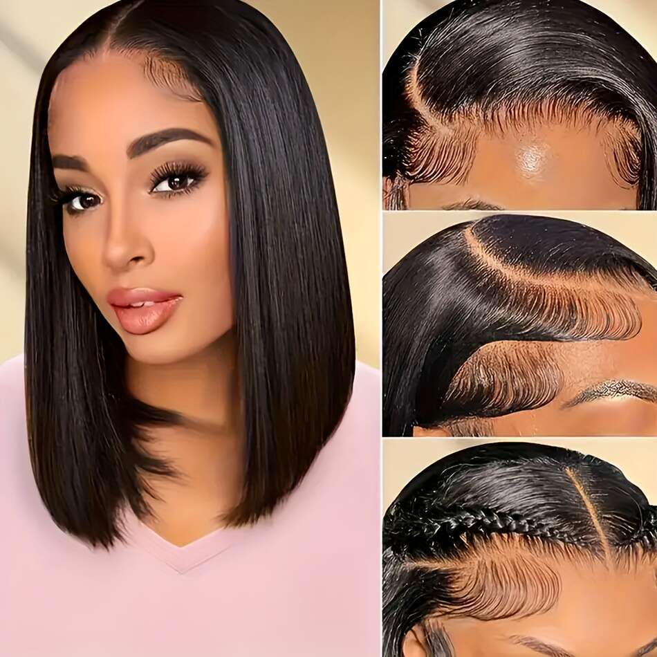 200% Density Short Bob Front Human Hair Straight Wigs For Women 13x4 HD Transparent Brazilian Lace Frontal Wig Pre Plucked Natural Black Color