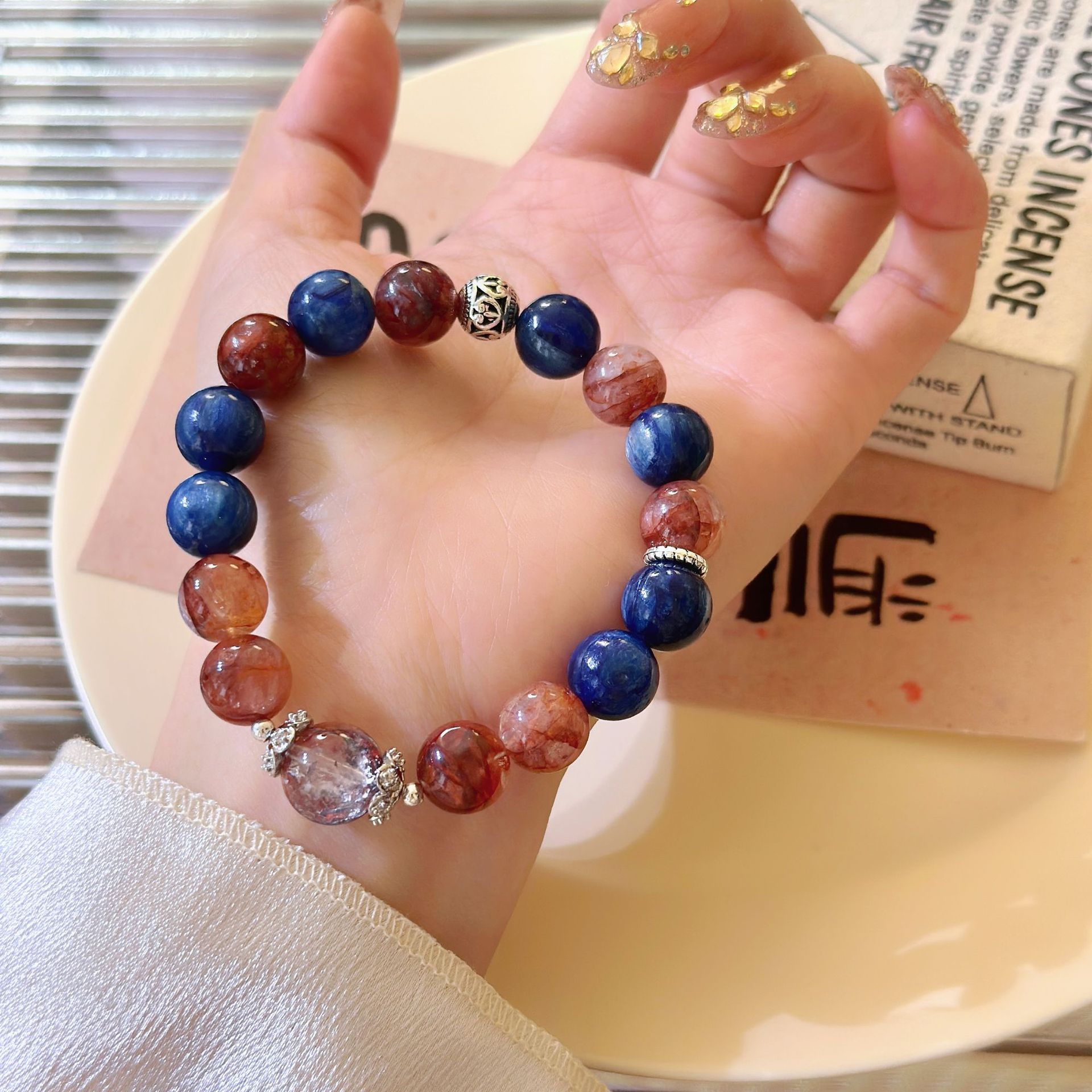 Luxury Unisex Handmade Natural Blue Calcite Wristband with Mixed Colors of Red Corals and Blue Stones