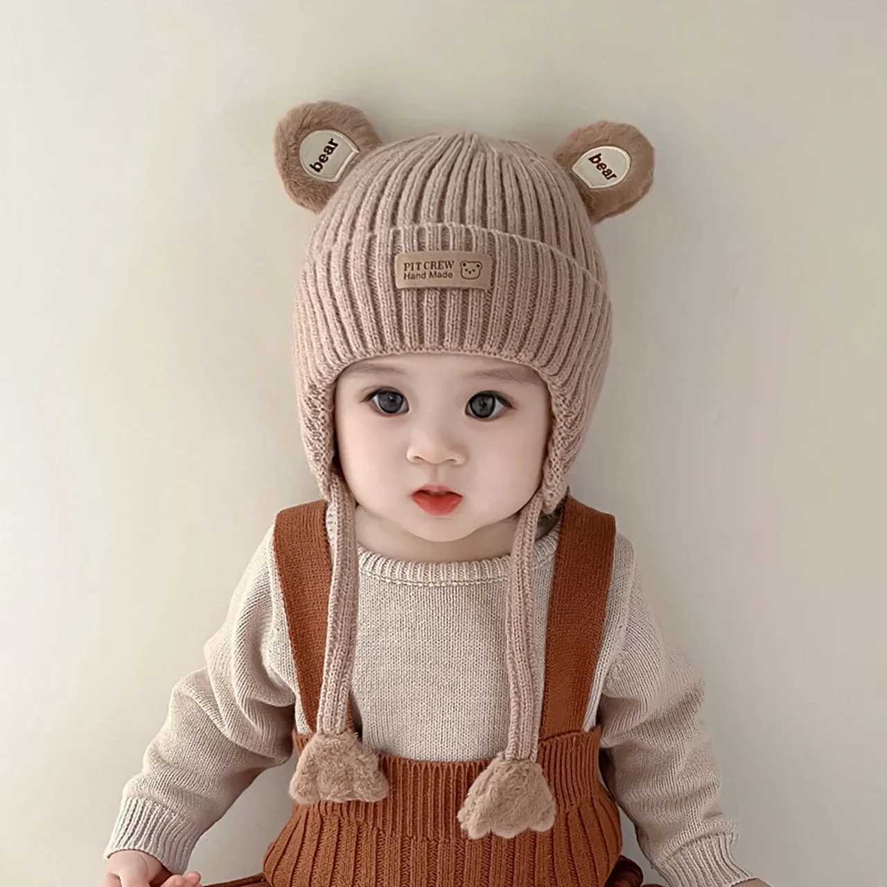 Winter Warm Baby Hat Cute Bear Baby Boys Girls Ear Protection Cap Beanies Soft Toddler Kids Anticold Lacing HatL251024