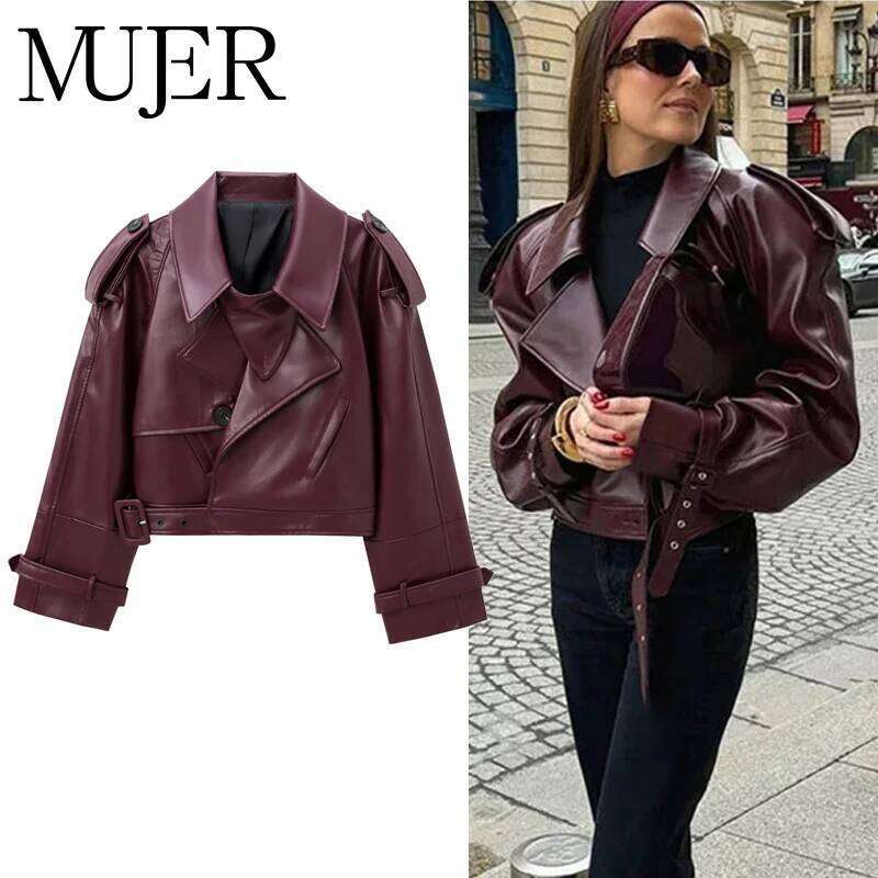 MUJER Faux Leather Bomber Jackets For Fashion Cropped Woman Streetwear Outerwears Long Sleeve Jacket Women Coats