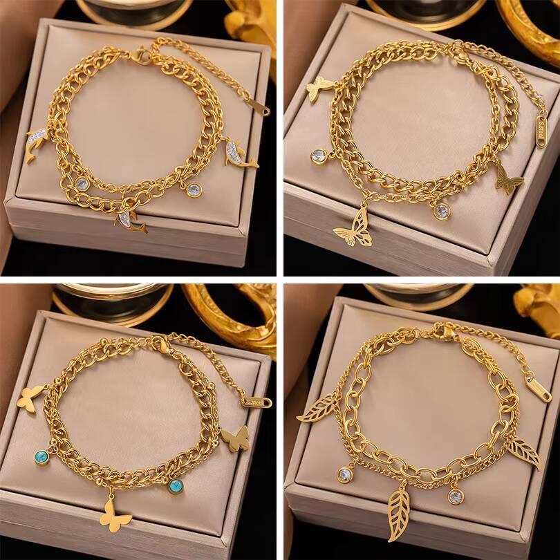 Wholesale Niche Design Cool Double Layer Leaf Butterfly Bracelet Womens Titanium Steel Jewelry