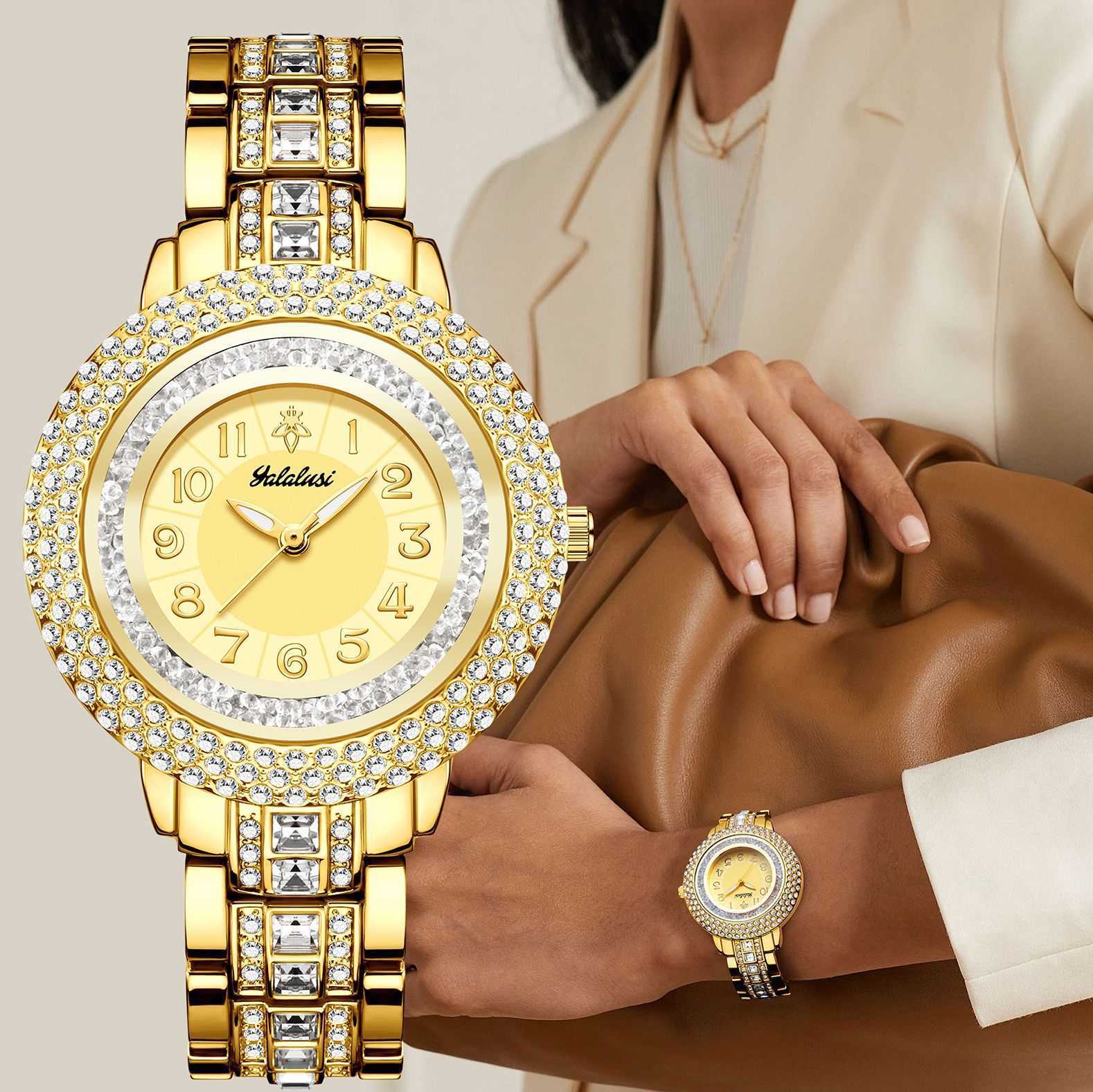 Yalalusi Luxury Gold Diamond Womens Watch Inlaid with Diamonds Fashionable Watch Light Luxury Temperament Waterproof Quartz Casual Ladies Wristwatch Z