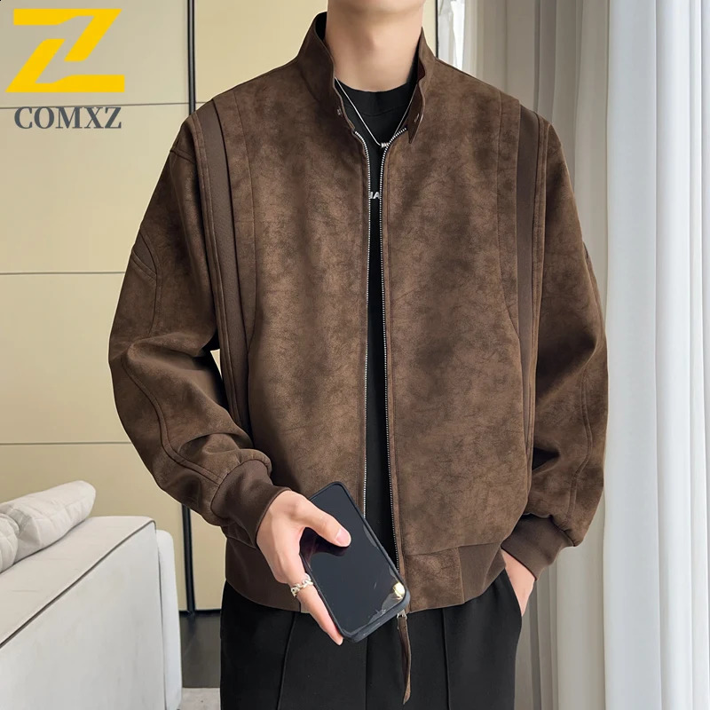 COMXZ Men Suede Jacket Lightweight American Trendy Comfort Leather Jacket Casual Stand Collar Daily Windproof Autumn Clothing 251023