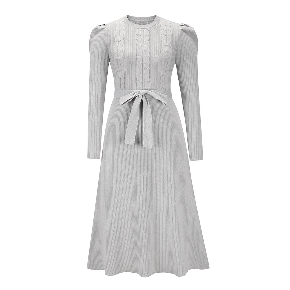 Autumn and winter new bubble long sleeved knitted dress, mid to long, elegant and slim fit designer, high waisted flared dress, base sweater dress