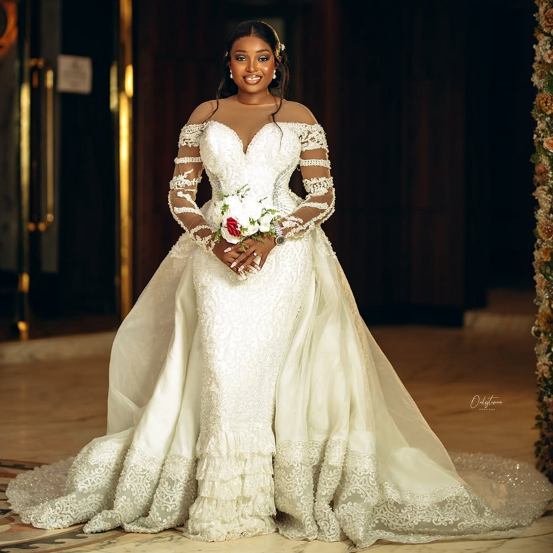 2025 Plus Size African Wedding Dress Bridal Gowns For Bride Mermaid Sheer Neck Detachable Train Illusion Appliqued Beaded Lace Wedding Gowns For Black