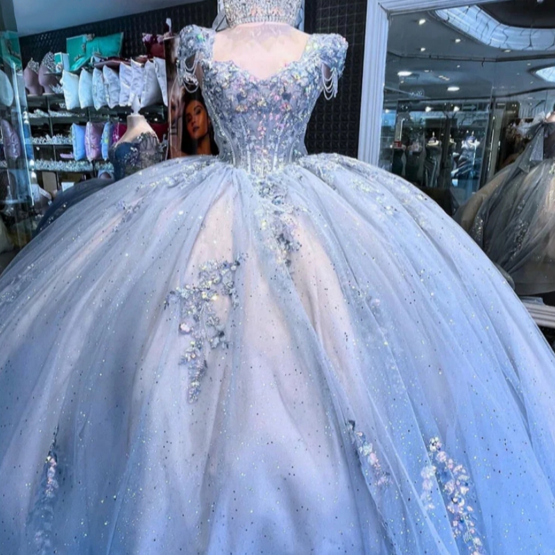Blue Shiny Quinceanera Dresses Girls Off Shoulder Luxury Tassel Sweet 15 16 Prom Dress Glitter Gold Beaded Ball Gown