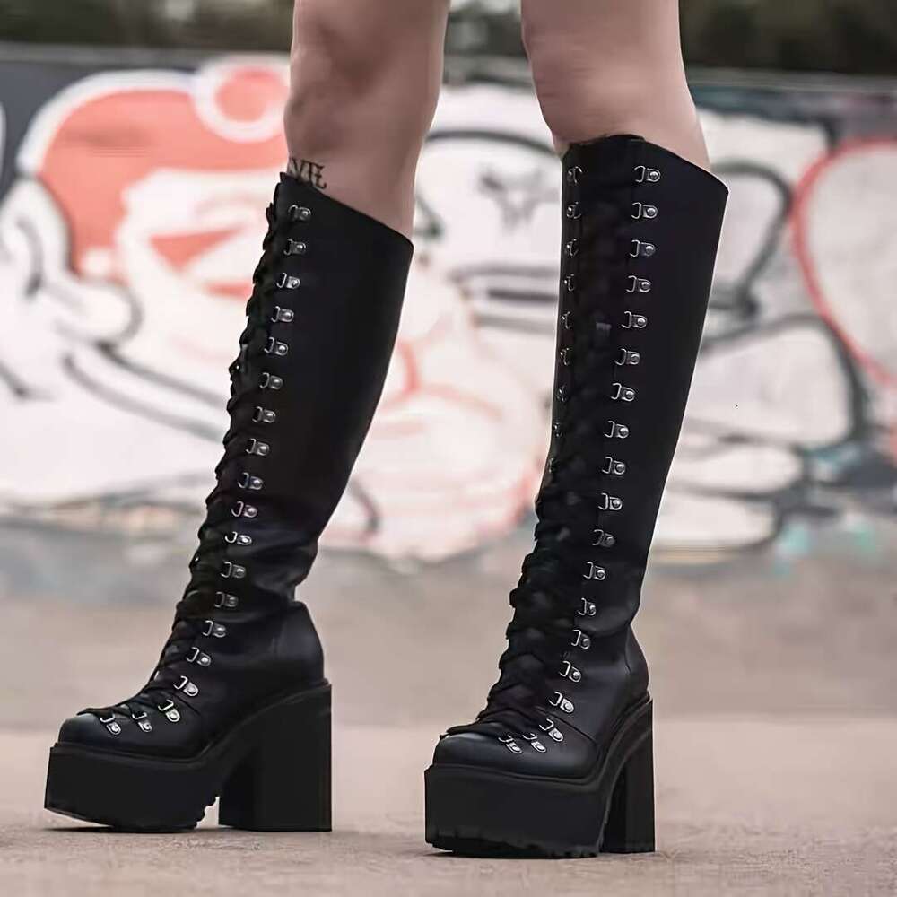 Women's Rock Heavy Metal Chunky Platform Heels, Lace-Up Closure, PU Sole Edgy Punk Boots For Concerts, Parties, Everyday - Synthetic Cover Gothic