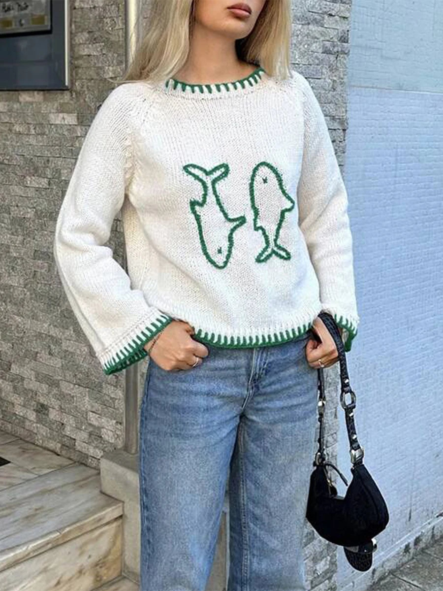 Maemukilabe Autumn Loose Knitted Sweater Fish Animal Pattern Long Sleeve Round Neck Pullover Jumpers Y2K Aesthetic Knitwear Tops 251023