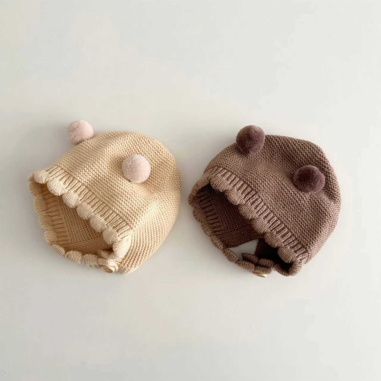Cute Pompom Beanie Winter Warm Baby Knitted Hat 06Month Newborn Ear Protection Headgear Kids Solid Color Woolen Crochet BonnetL251024