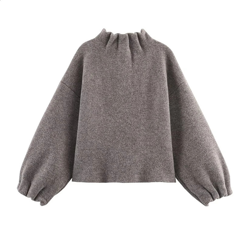 YENKYE Gray Knit Bomber Jacket For Women Lantern Sleeve Stand Collar Casual Autumn Winter Coat 251018