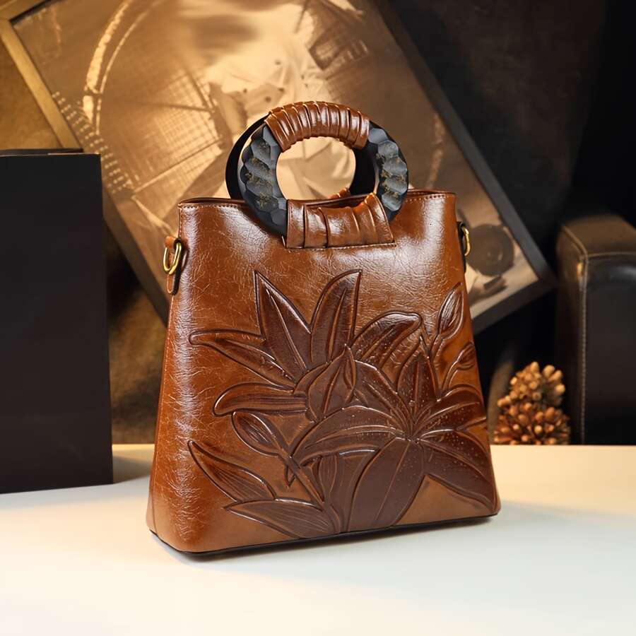 Vintage Floral Pattern Wo, Light Brown, Removable Strap, Zipper Closure, Polyester Lined, Painted, Fashionable Ethnic Style Handbag For Daily Commute