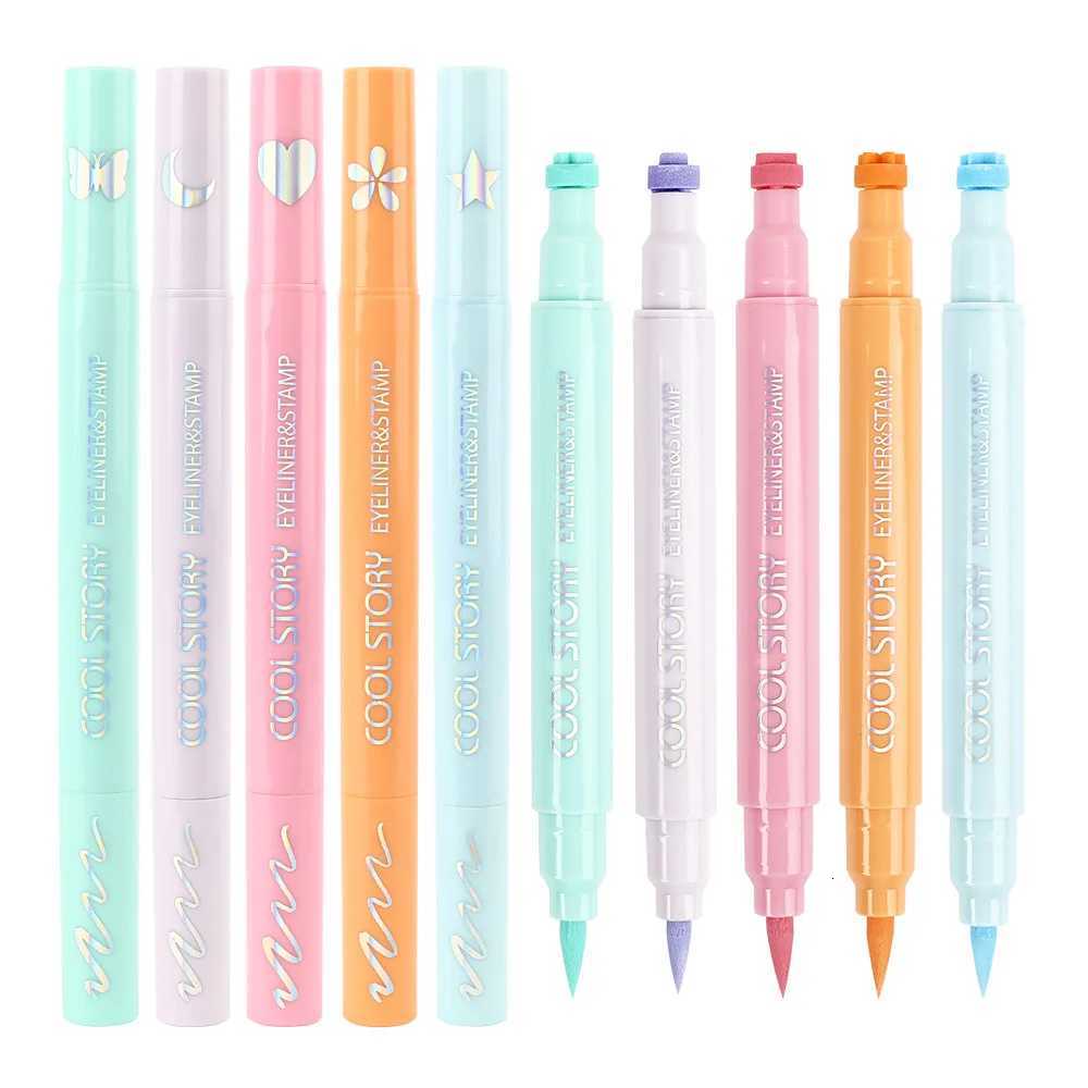 5PcSet Love Flowers Eyeliner Stamp Pen Colorful Pink Blue Liquid Eyeliner Doubleended Seal Eye Liner Pencil Fast Drying MakeupL251024