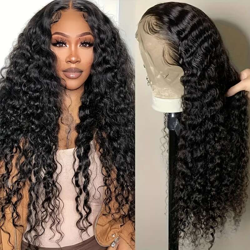Brazilian Deep Wave Human Hair Front Wig - HD Transparent 13x4 Lace Frontal, Pre-Plucked 200% Density Natural Black Curly Wigs Women, Elegant Style fo