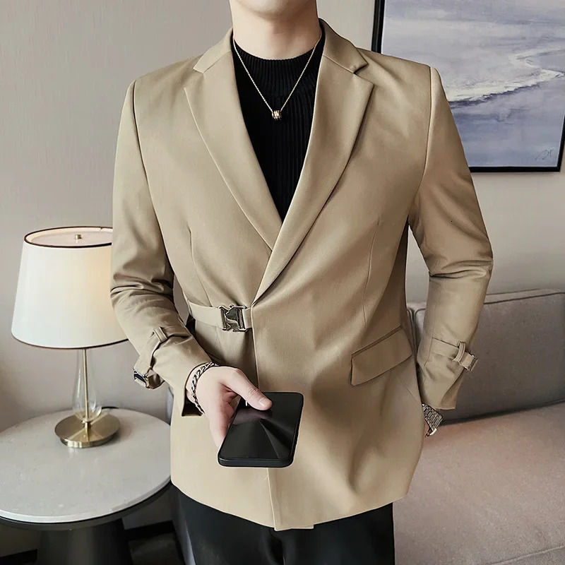 Men Party Wedding Banquet Blazer Solid Metal Buckle Decoration Blazer For Italian Suit Jacket Slim Fit Blazer Homme 251023