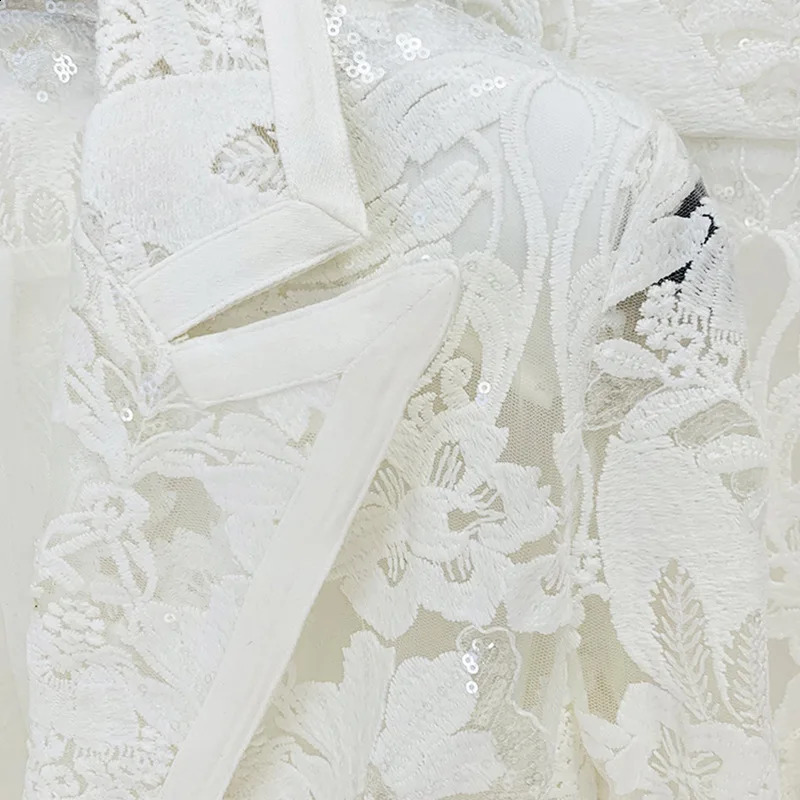 JAMERARY Fashion Mesh Embroidered Blazers Jackets Wide Leg Pants Sequins Suit Coat Women Pants White Lace Two Piece Set 251023