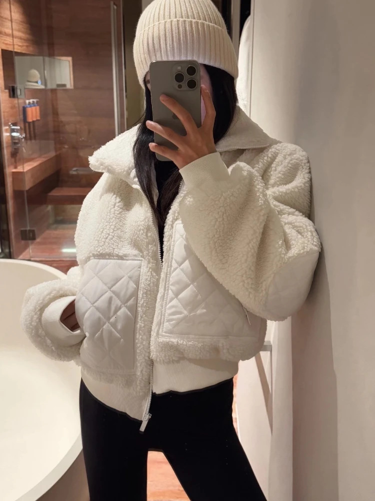 Lamb Wool Spliced Short Jacket Autumn Thickened Warm Women Casual Stand Up Collar Zipper Winter 251021