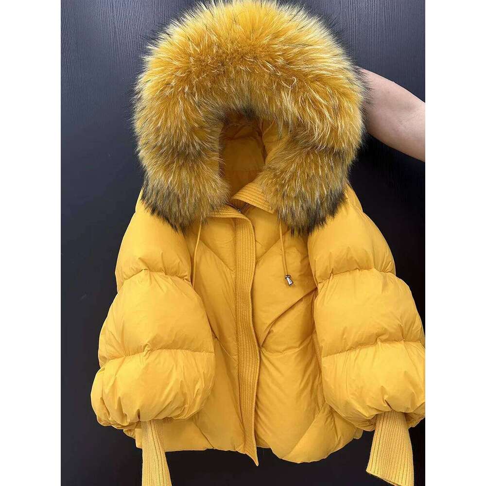 Winter Natural Large Fur Collar Hooded Female Lantern Sleeve Warm Quilted Jacket Women Short White Duck Down Outwear Womens Coat