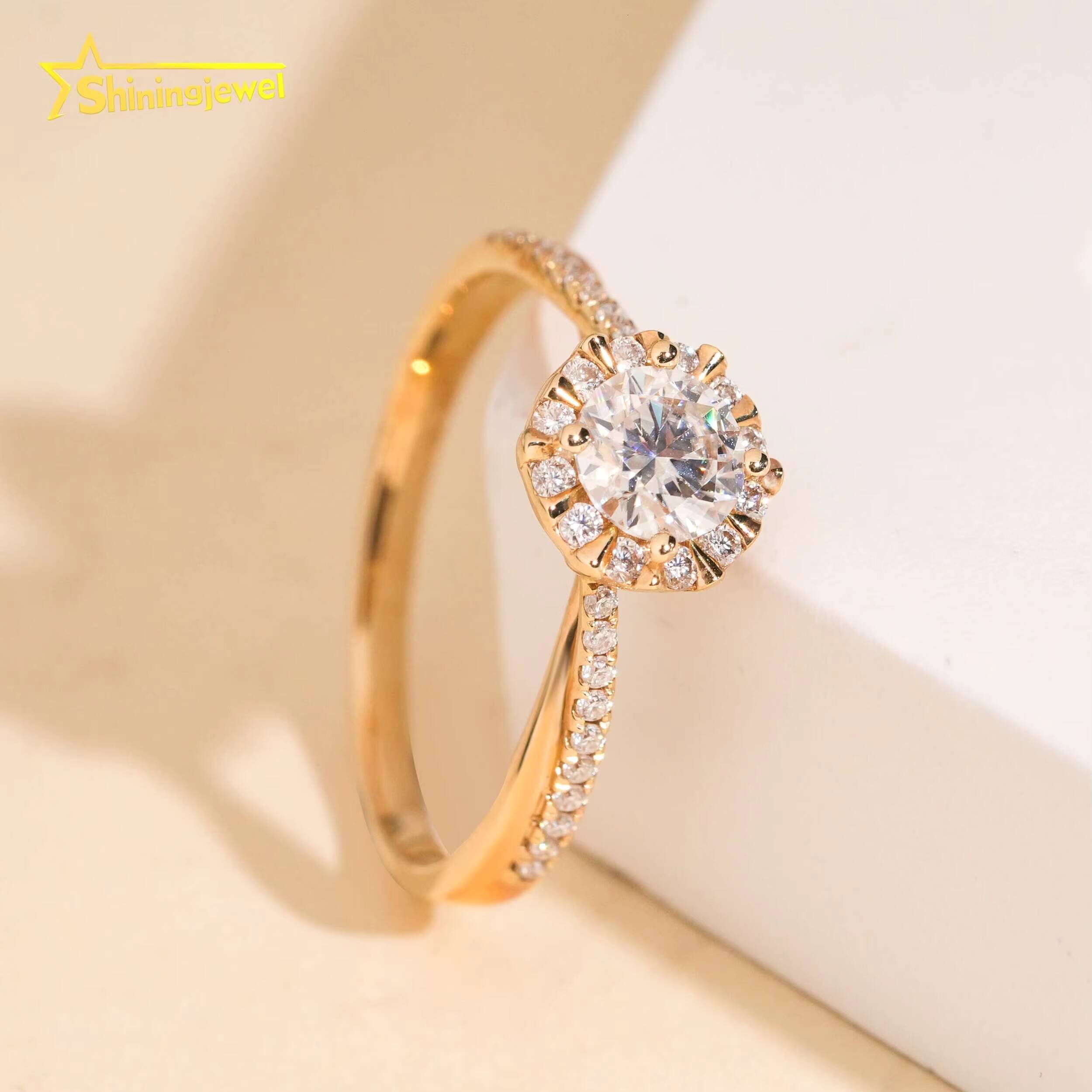 14K Solid Gold Halo Ring Round Cut Moissanite Engagement Rings for Women Pass Diamond Tester