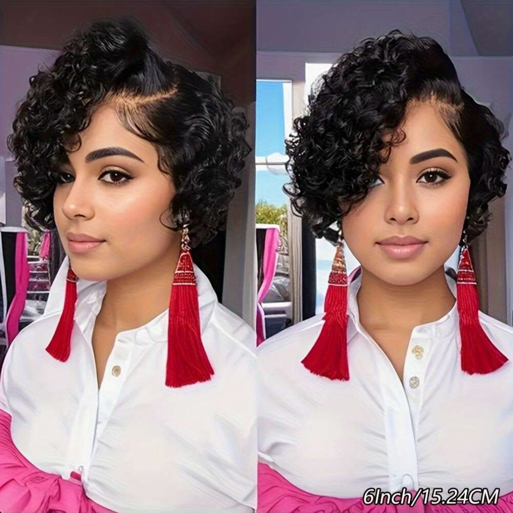 Women'S Black Human Hair Curly Bob Wig with 13x4 Front Elastic Band Density Water Wave Texture, Short Pixie Cut Style, Breathable Lace Base Comfo