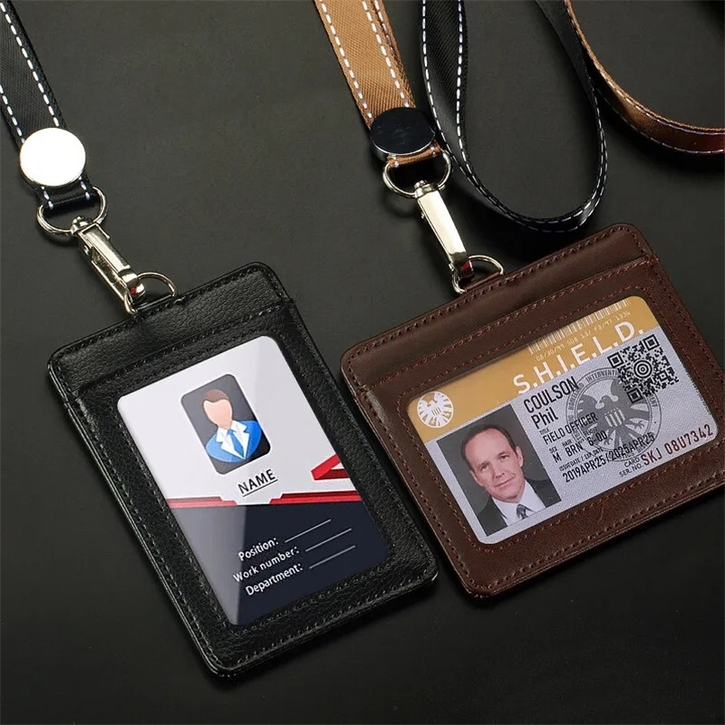 ID Holders Bank Credit Card Holder Unisex Genuine Leather Card Case Business Working Id Badge Name Tag Covers with Lanyard 251023