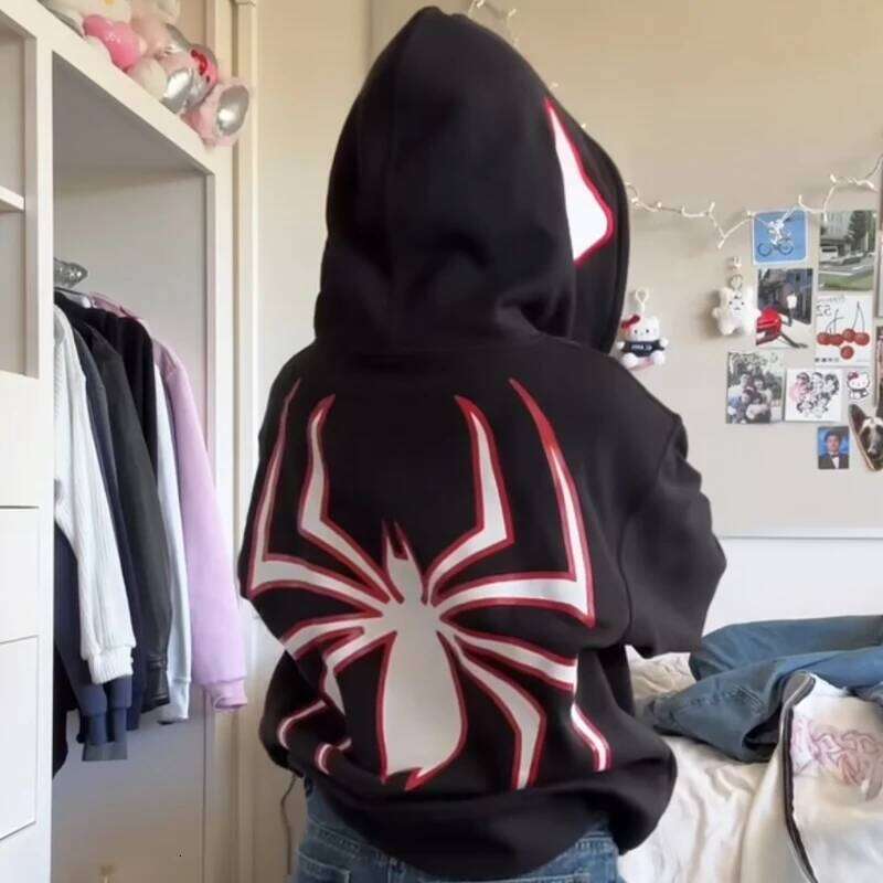 Y2k New Korean Women Hooded Shirt Gothic Spider Print Hoodie Zip Up Sweatshirt Vintage Streetwear Clothing Loose Hip Hop Clothes