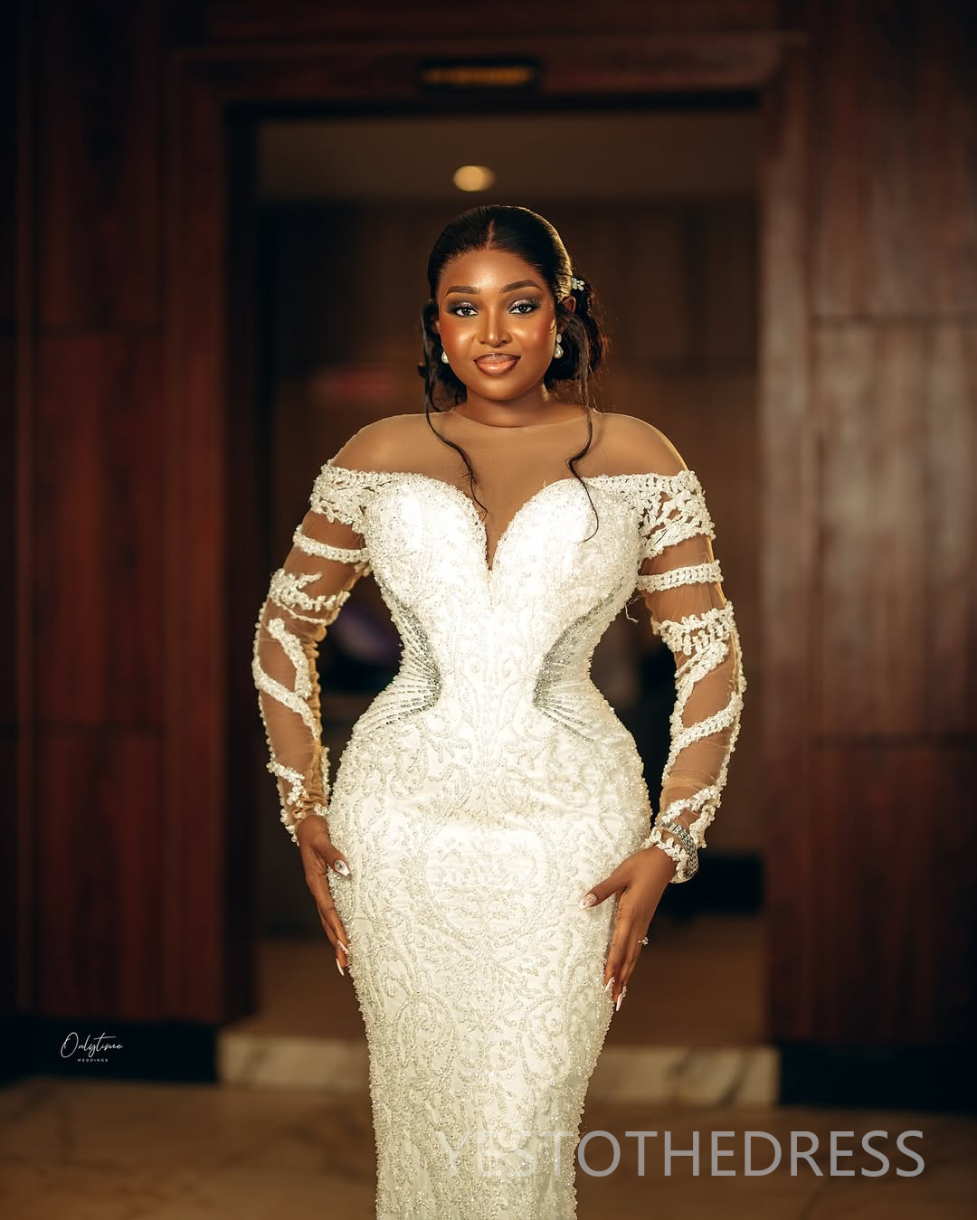 2025 Plus Size African Wedding Dress Bridal Gowns For Bride Mermaid Sheer Neck Detachable Train Illusion Appliqued Beaded Lace Wedding Gowns For Black