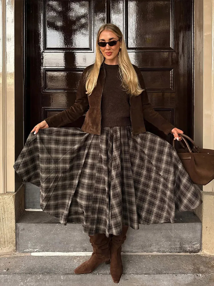 GrayBrown Plaid ALine Midi Skirt High Waist Pleated Autumn Fashion Retro Women Bottoms Preppy Causal Elegant Lady 251017