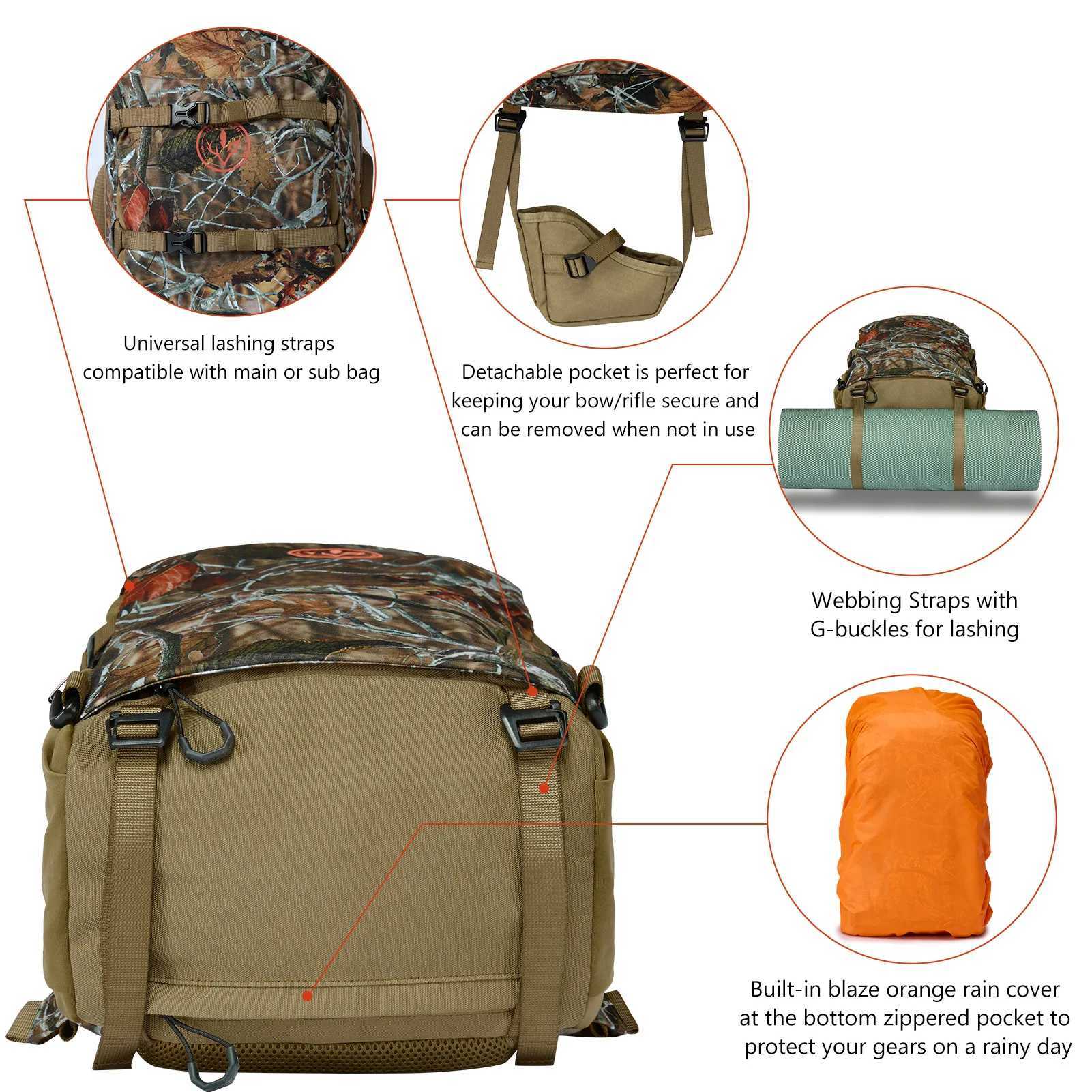 BASSDASH Fishing Hunting Backpack with Detachable Sub Bag Bow Rifle Holder Rain Cover Water Resistant Camo Pack HP02 J251024