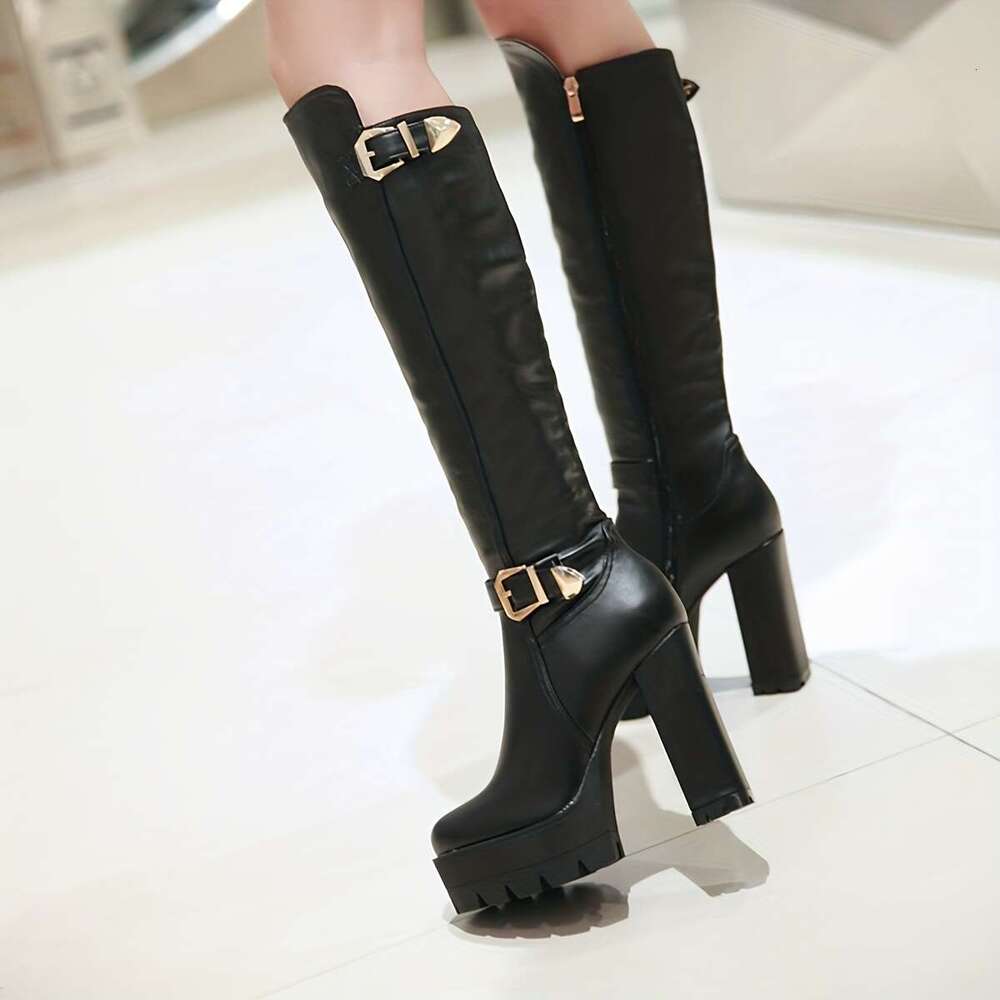 Women's Chunky Platform Over-The-Knee Boots - Glossy Black Faux Cover With Golden Buckle Straps, Thick High Heel Zipper Closure For Casual & Wear