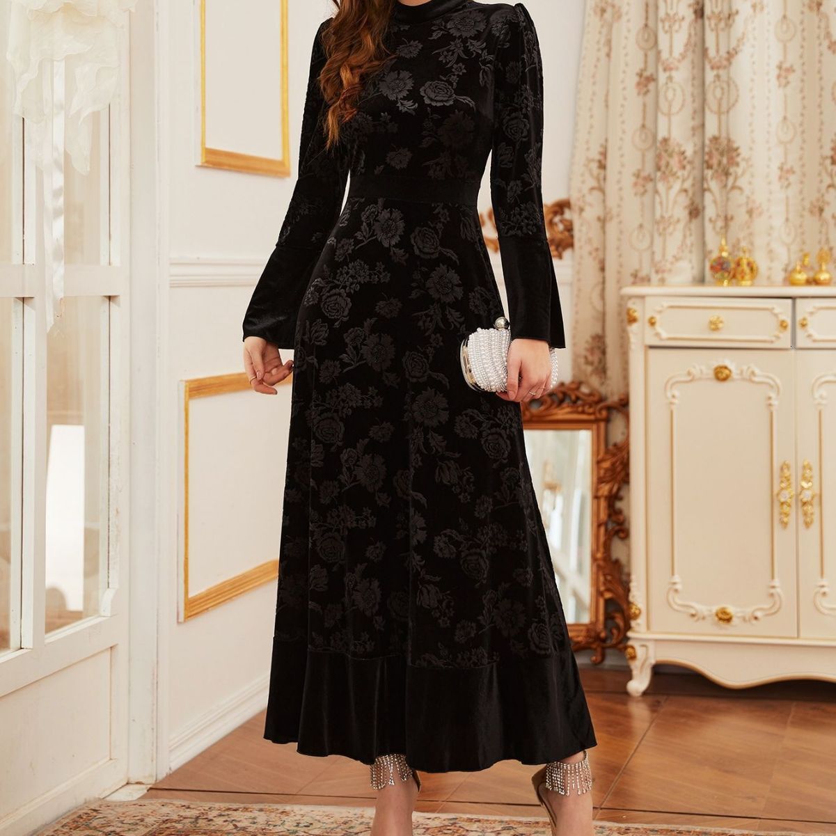 Designer Fashion Autumn/Winter New Style European and American Women's Elegant Silk Fleece Lace Long Sleeve Dress